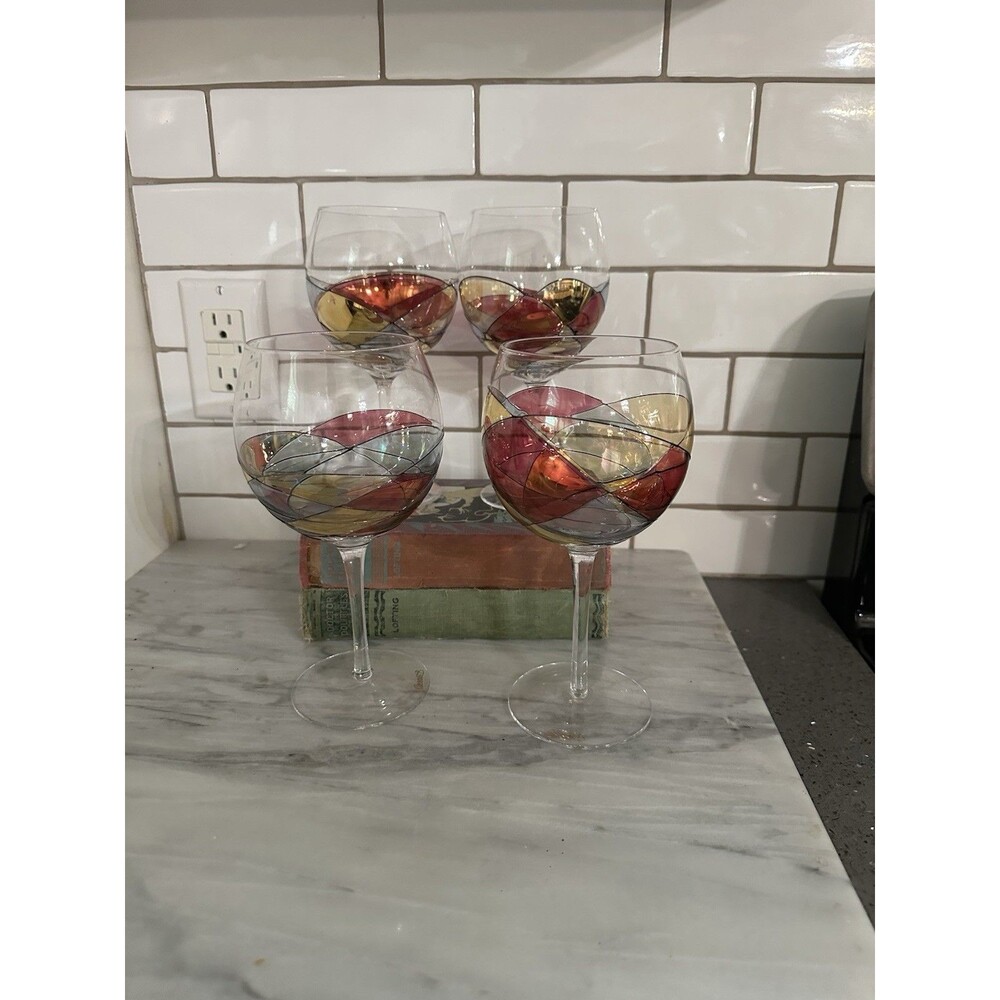Cornet Barcelona Sagrada Hand Painted Art Glass Goblet Wine Glasses Set of 4